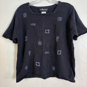 Sag Harbor Petite Black Lavender Embroidered Box Neck T-shirt